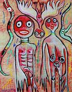 Adam et Eve. Pastels à l'huile et  acrylique sur papier. 50 x 65 cm.